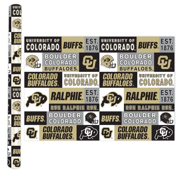 University of Colorado-themed wrapping paper featuring repeating blocks of logos, text like "Buffs," "Ralphie," and "Run Ralphie Run," and CU Buffaloes helmets in black, gold, and white.